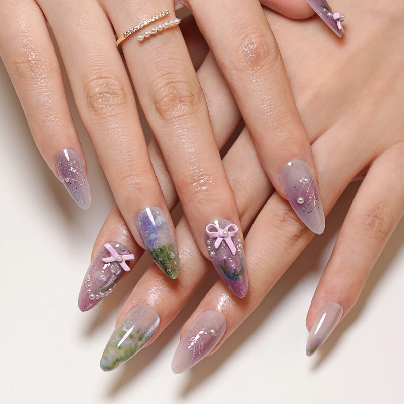 Blue Flowers White French Nail Art Almond False Nails Detachable Finished Fake Nails Press on Nails