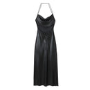 Women Backless Foil Slip Dress Vintage Black Female Long Party