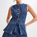 Summer Women Button Front Denim Vest Tops Sleeveless Split Top Waistcoat Tank Tops