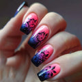 Nails with pink and black floral design on a blurred background, Obroi