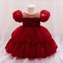 Girl's Mesh Bubble Sleeves Fluffy Skirt Birthday Party Wedding Flower Girl Performance Dress