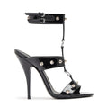 Black high-heeled sandal with studded details on a white background, featuring the Obroi brand.