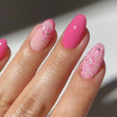24Pcs Short Almond False Nails Press on Simple Pink French Flower Design Nails Shiny Nails Tips