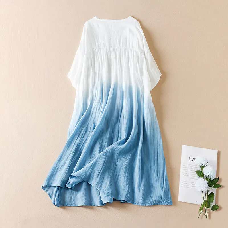 Women Spring Summer Ramie Dress Gradient Design Loose Long Dresses Female Cotton