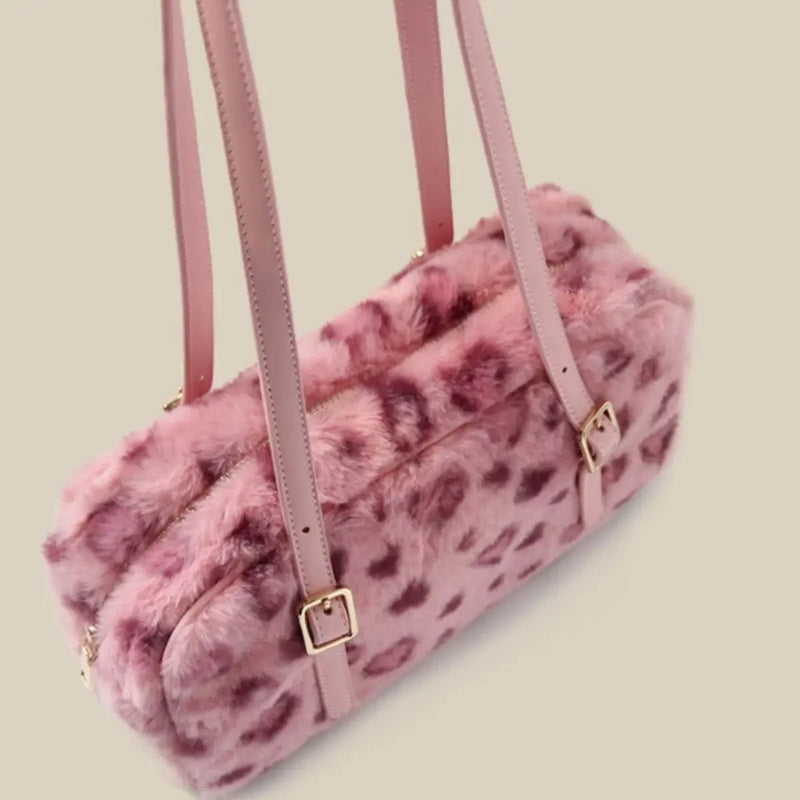 Leopard Pink Handbag Women Autumn Winter Plush Soft Shoulder Bags Female Purse