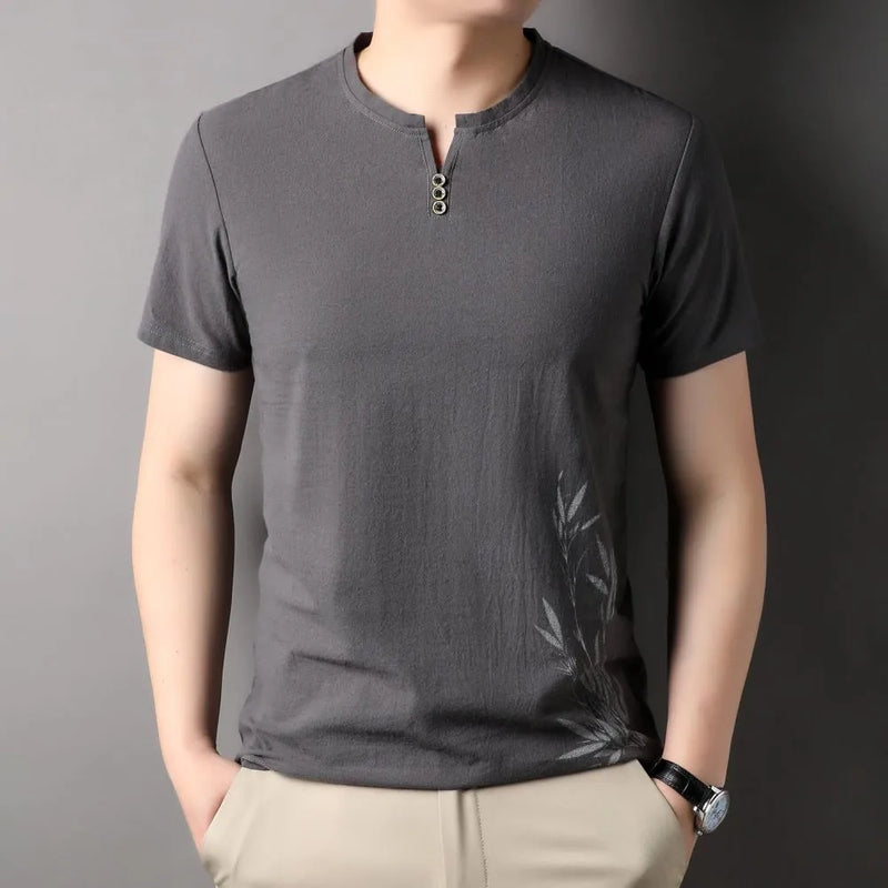 Mens Short Sleeve T-Shirt Cotton Linen Top Thin Casual Crewneck National Trendy Style Menswear Top