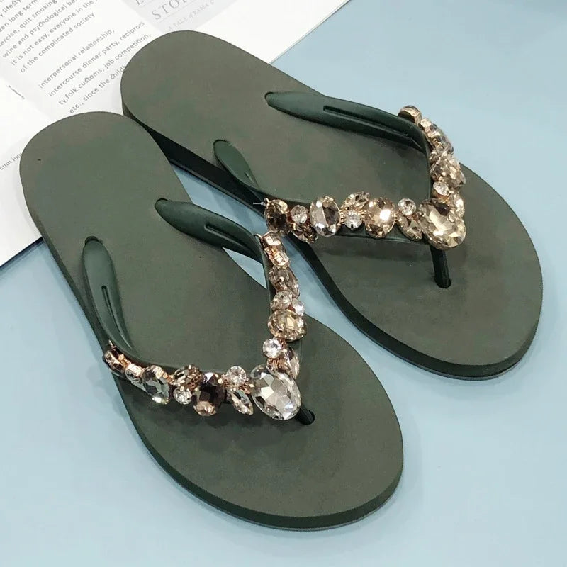 Comfortable Beach Shoes Non-slip Soft Bottom Casual Flip-flops Rhinestone Chain Flat Slippers