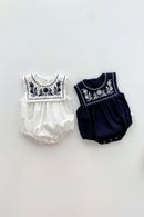 summer thin baby vest bag fart jacket Romper female baby embroidered square neck navy style jumpsuit