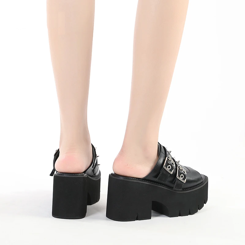 Heels Sandals for Women Open Toe Heels Cute Slip-on Mule Shoes Belt Buckle Black Leather