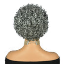 Mannequin head with a gray curly wig on a white background, Obroi