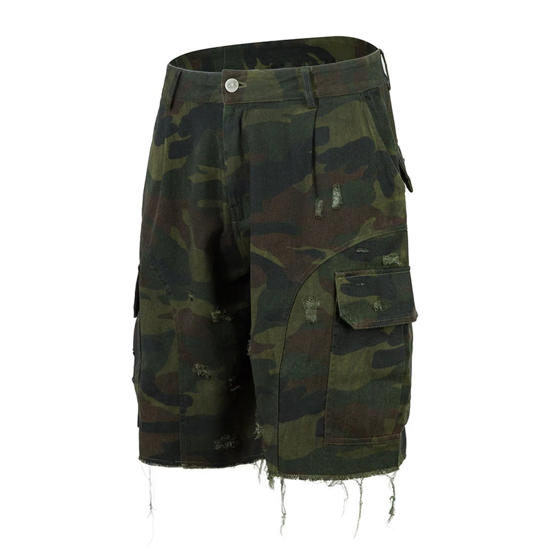 Camouflage Cargo Shorts Men Safari Style Summer Leg Raw Edge Knee-length Shorts Men