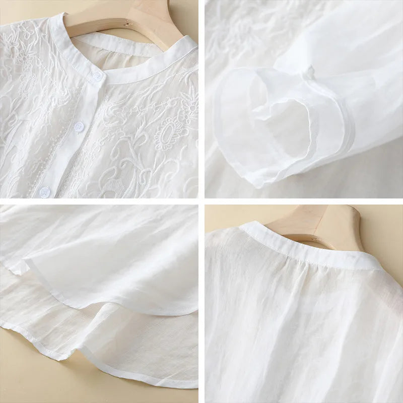 Women Linen Embroidery Blouses Half Sleeve Summer Long Shirts Breathable Female Blouses