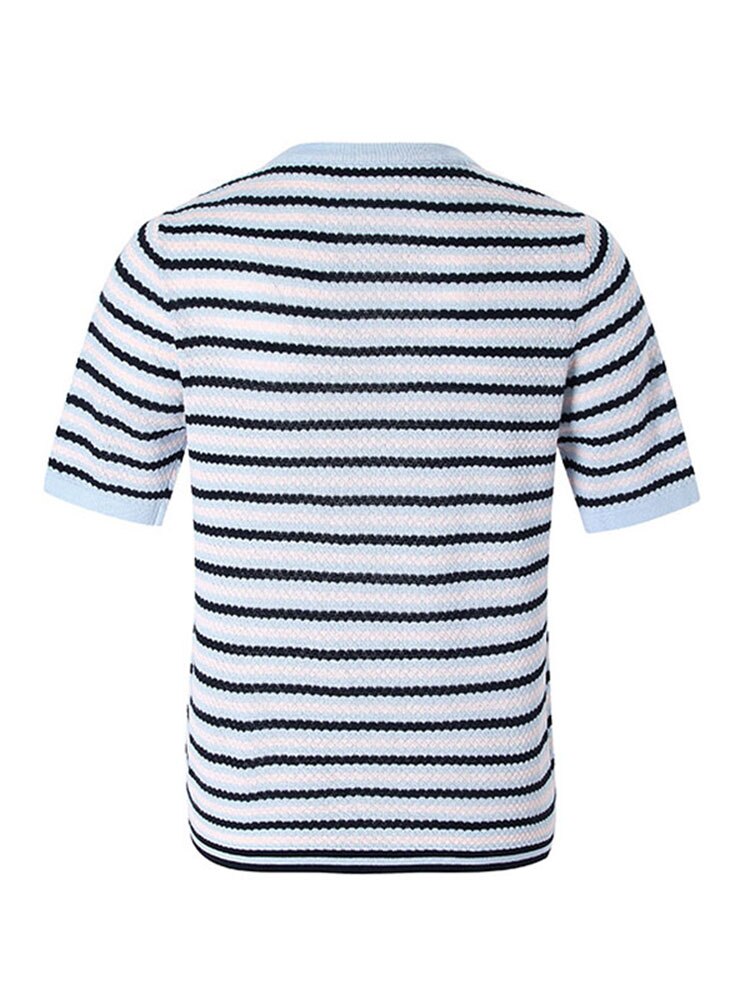 Luxury Knitted T-Shirt For Women Summer High Quality O-Neck Short Sleeve Blue Striped Casual Tops