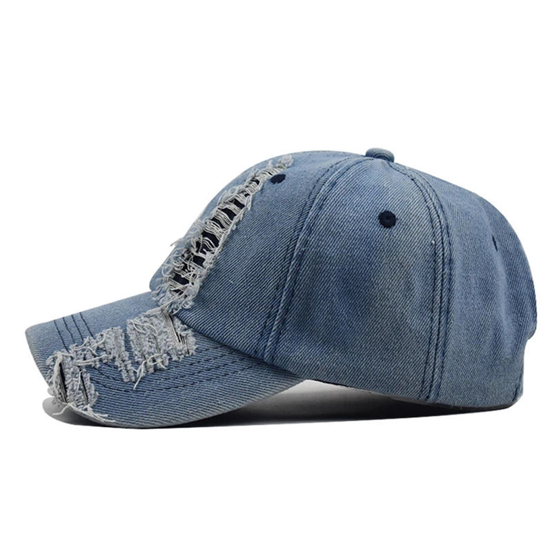 Vintage Washed Denim Baseball Cap Distressed Ripped Hole Breathable Visor Outdoor Adjustable Snapback Hat