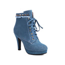 Short boots denim material lace up high heels with rivets decoration platform women's shoes