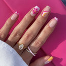 24pcs Short Square Press on Nails Gradient Glitter Gold Edge Nails Heart French Nail Art Rhinestone Nails
