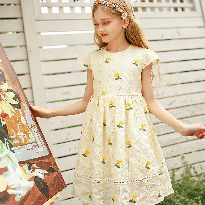kids girl summer embroidery floral cotton lace flare dress child teen girls fashion princess party dresses