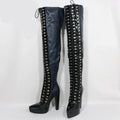 Black over-the-knee boots with rhinestone details on a white background, branded 'Obroi'.