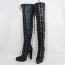 Black over-the-knee boots with rhinestone details on a white background, branded 'Obroi'.