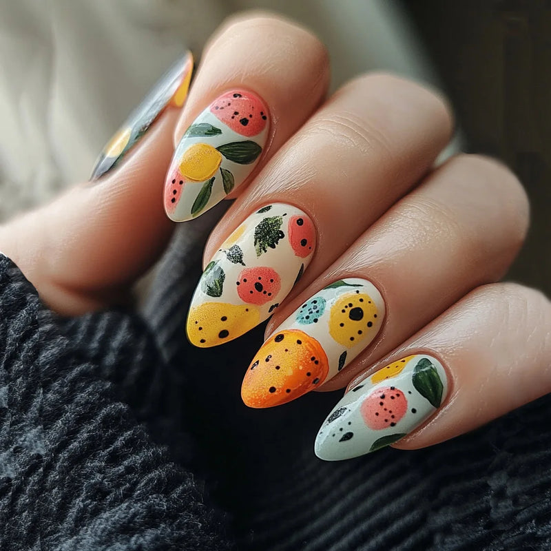 24pcs Fruit Press On Nails Summer Dopamine Almond False Nails Full Cover Charming Fake Nail DIY Manicure Art