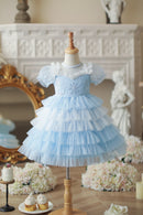Baby Summer Girls Boutique Sequined Mesh Dress Princess Kids Sweet Blue Party Dress