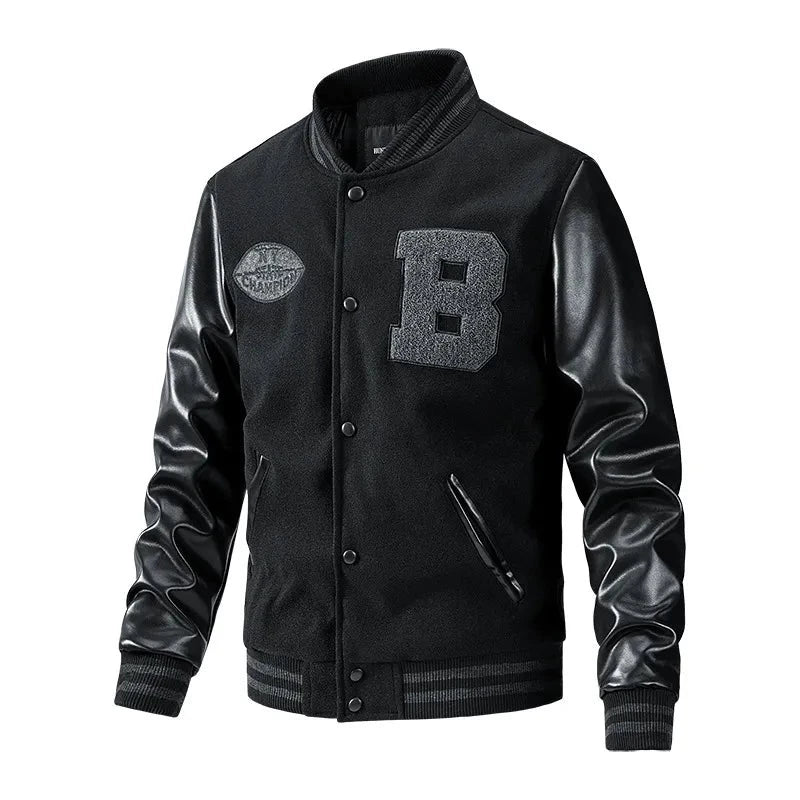 Autumn And Winter Cloth Padded Jacket  Baseball Collar Leather Sleeve Jacket Flower Wool Large Size Varsity Jacket