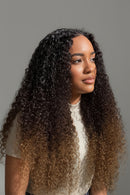 Woman with styled hair next to a close-up of a hair closure with ombre color, Obroi