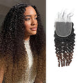 Woman with styled hair next to a close-up of a hair closure with ombre color, Obroi