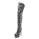 Leopard print knee-high boot with platform and high heel on a white background, featuring 'Obroi' branding.