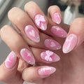 Almond Full Cover False Nails with Flower Design Press on Nails Red Smudge Wearable Fake Nail Tip