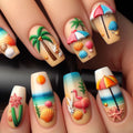 Colorful tropical-themed nail art on a hand, Obroi