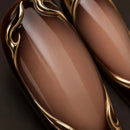 Gold star accent on a brown background with text about 3D relief artistry, Obroi