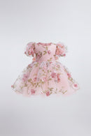 Pink floral dress with puff sleeves on a white background, Obroi