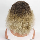 Wavy blonde and brown wig displayed on a mannequin head with multiple angles shown, Obroi