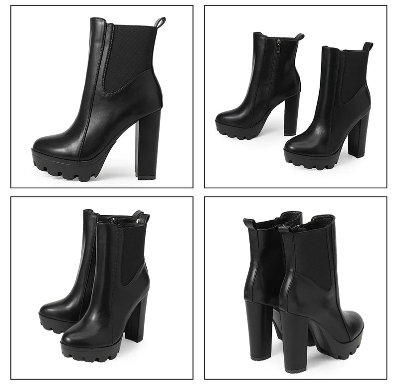 Ankle Boots for Women Elastic and Chunky Heel Round Toe Party Boots with Zipper