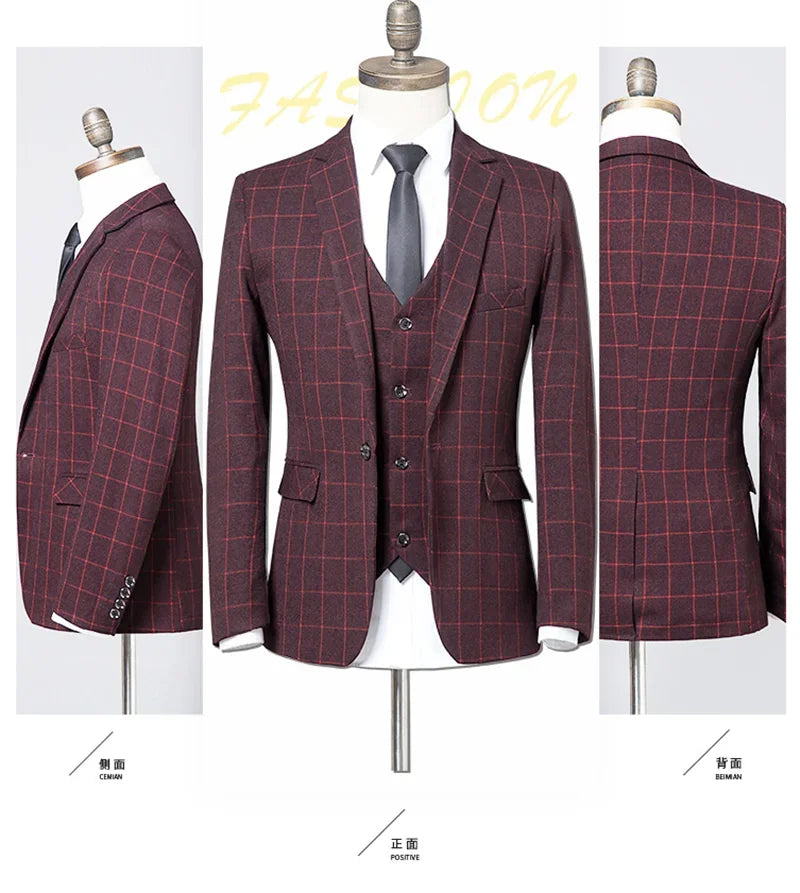 Blazer Vest Trousers Business Elegant Gentleman Plaid Slim Casual Formal Suit 3-piece