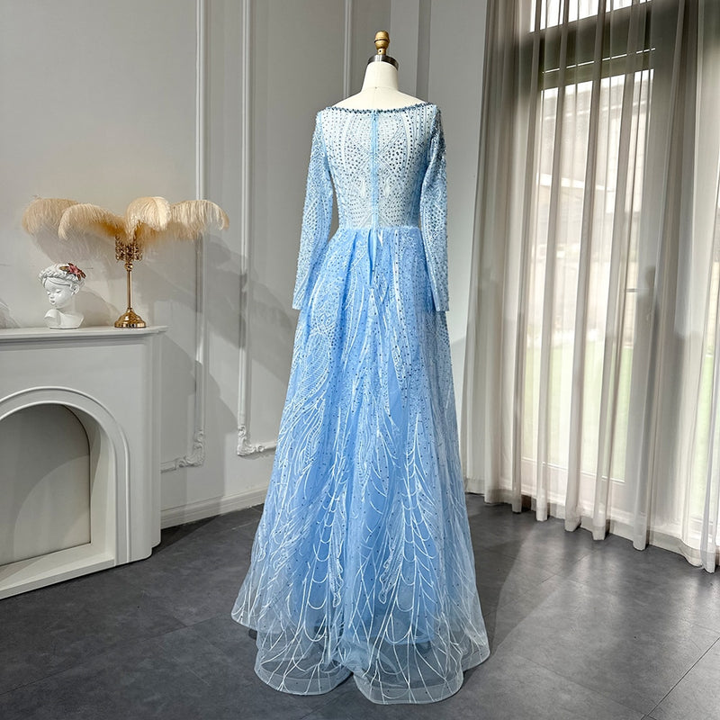 Luxury Crystal Blue Evening Dress with Overskirt Long Sleeves Women Wedding Formal Party Gown