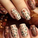 Short Square Head Fake Nails Leaf False Nails with Flowers Press on Nails