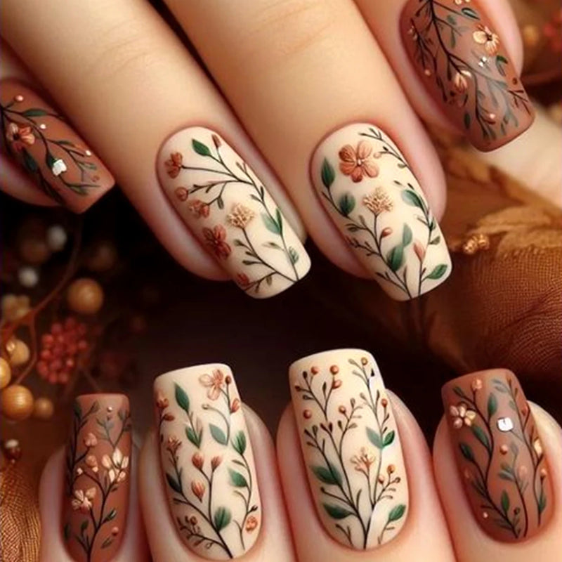 Short Square Head Fake Nails Leaf False Nails with Flowers Press on Nails