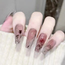 Rose Press on Nails Relief Coffin Acrylic False Nail Sweet Butterfly Pearl Fake Nails Pink Gradient Nail