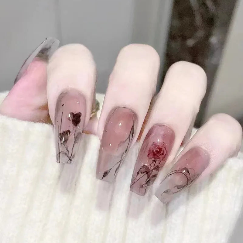 Rose Press on Nails Relief Coffin Acrylic False Nail Sweet Butterfly Pearl Fake Nails Pink Gradient Nail