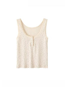 Women Front Buttons Tanks Summer Ladies Chic Vintage Beige Sleeveless Tops Female Floral