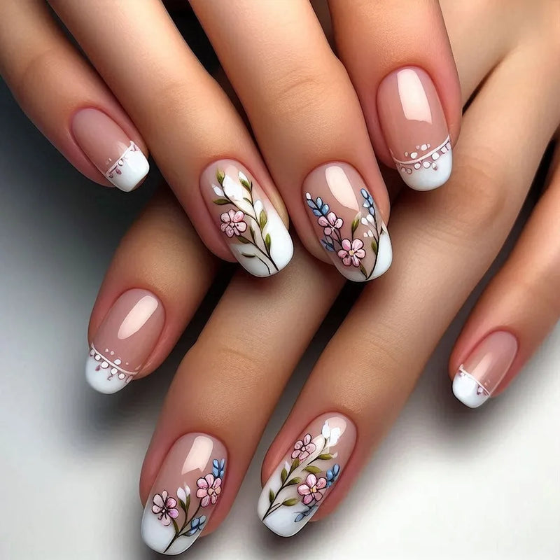 24pcs Wearable False Nails Art Glitter Flower Design Press on Nails Sets Short Ballet Fake Nail Simple Manicure Tips Finished