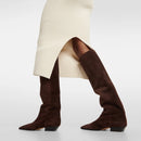 Women Boots Leather Square Toe Long Boots Winter Woman Dress Shoes Black