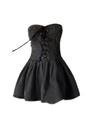Women's Mini Dress Lace Up Party Club Denim Strapless Dresses Sexy Elegant Vintage A-line Dress for Women Ladies Sundress