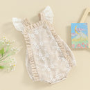 Newborn Infant Baby Girls Rompers Lace Embroidery Buttons Frills Fly Sleeve Infant Bodysuits Summer Clothes Princess Jumpsuits