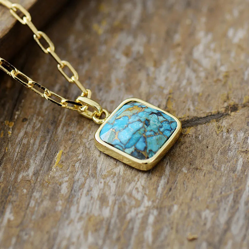 Natural Stone Square Turquoises Gold Plated Curb Chain Pendant Necklace Women Bohemia Beaded Necklace Jewelry