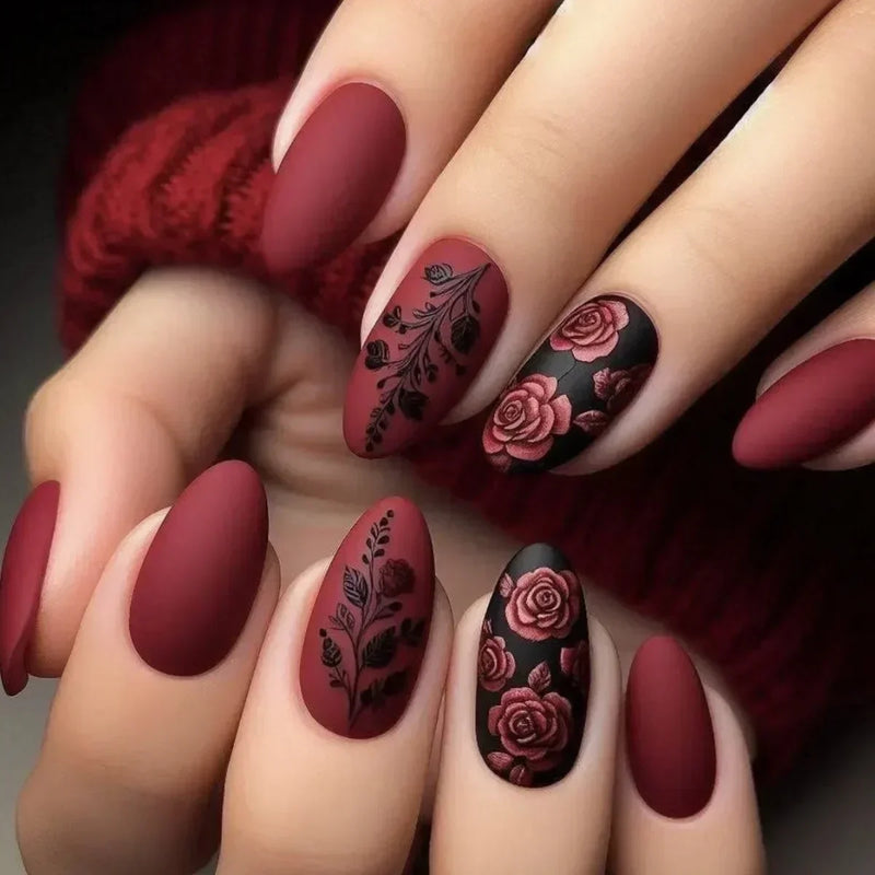 Autumn Winter Matte Almond Nails with Glue Rose Leaf Nail Art Simple Full Cover Press on Acrylic Nails Tips