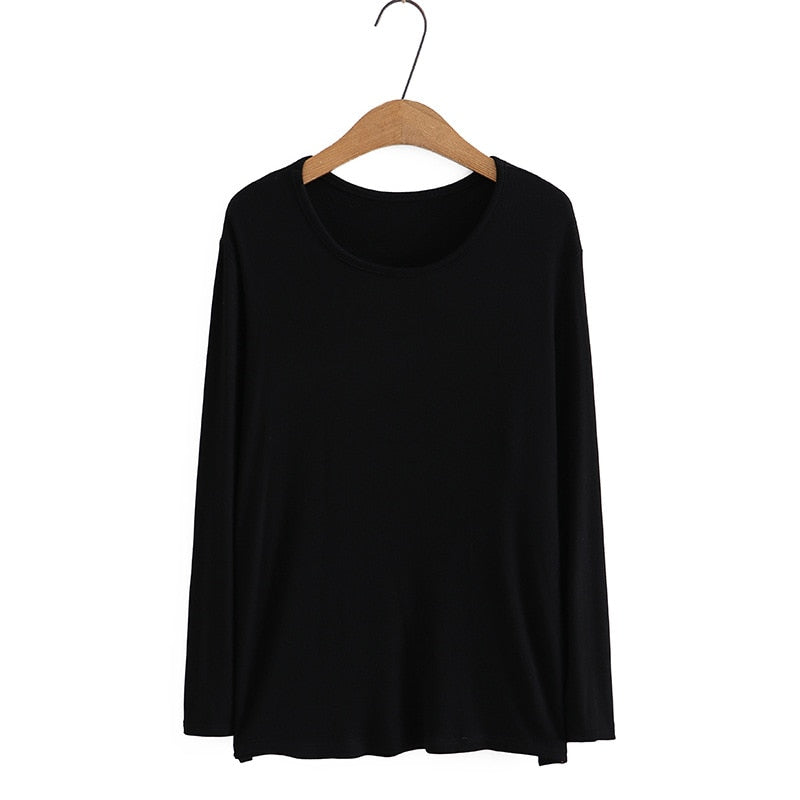 Autumn T-Shirt Women Clothing High Stretch Slim Fit Cotton Tops Basics O-Neck Long Sleeve Solid Tees