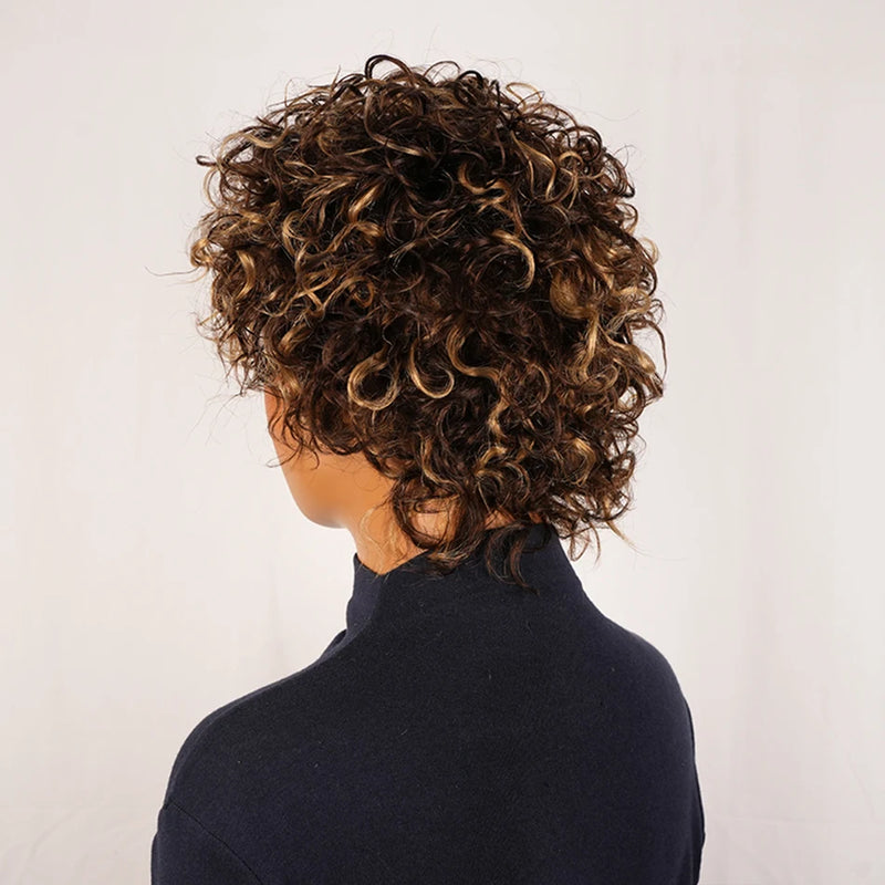 Human Hair Wig Short Curly Pixie Cut with Bangs Highlight Short Hair Wig